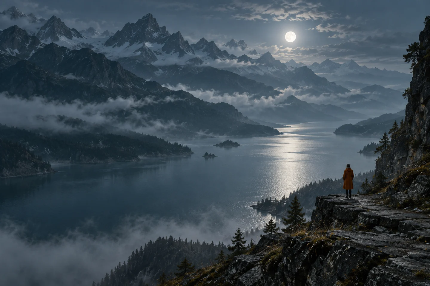 A person in an orange coat overlooks a mountain lake with moonlight and drifting mist